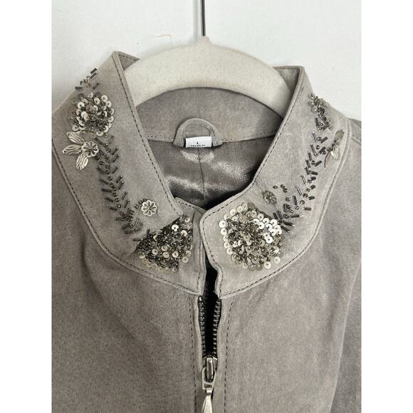 Pamela McCoy 100% Suede Leather Gray Beaded Sequin Zip Jacket Size Large - Picture 12 of 13